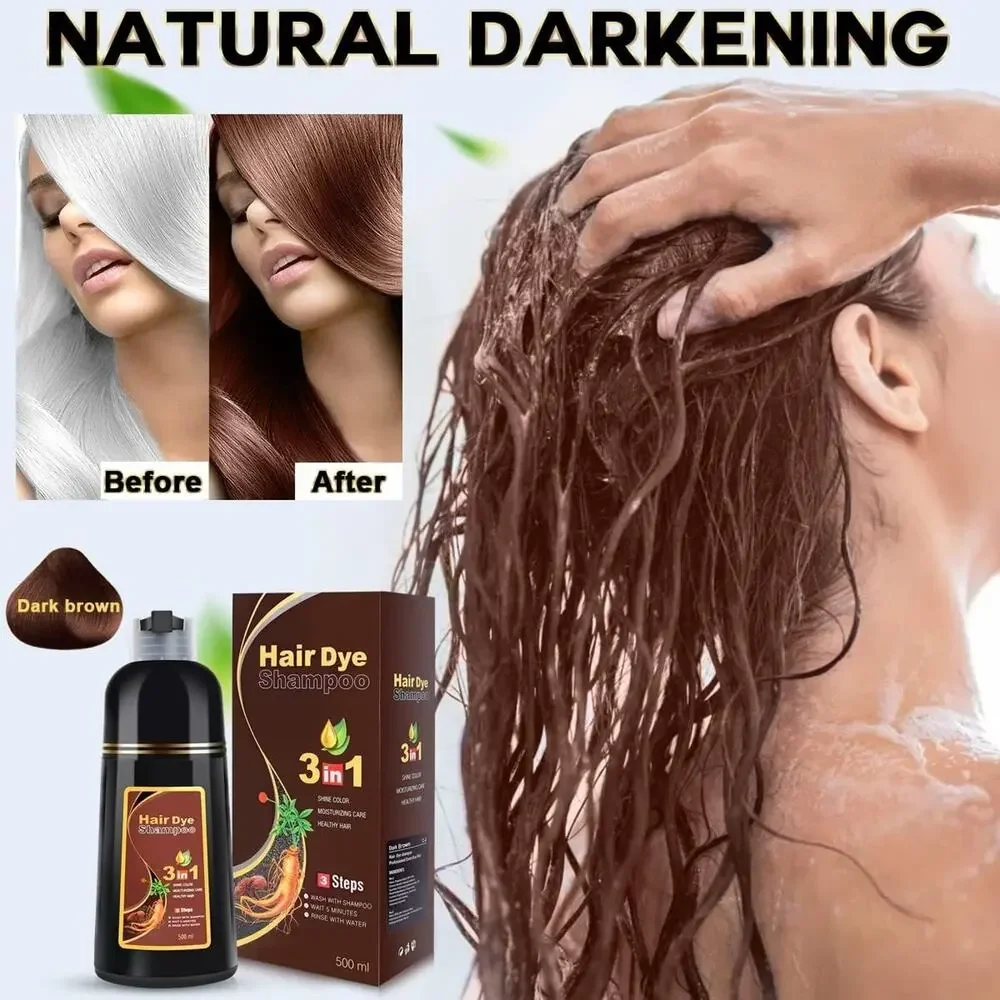 Dark Brown Hair Dye Shampoo for Gray Hair, 3 in 1 Herbal Ingredients, 500 ml